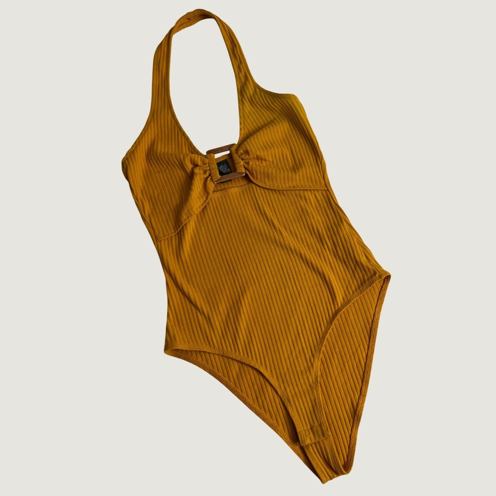 Boho Wild Fable Mustard Yellow Ribbed Halter Bodysuit with Wood Center Buckle S